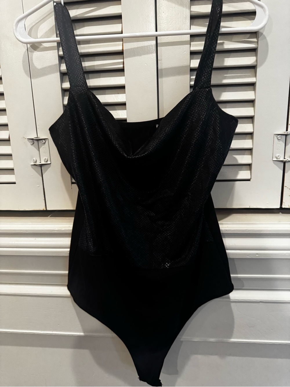 TCEC Black Cowl Neck Draped Bodysuit with Wide Straps